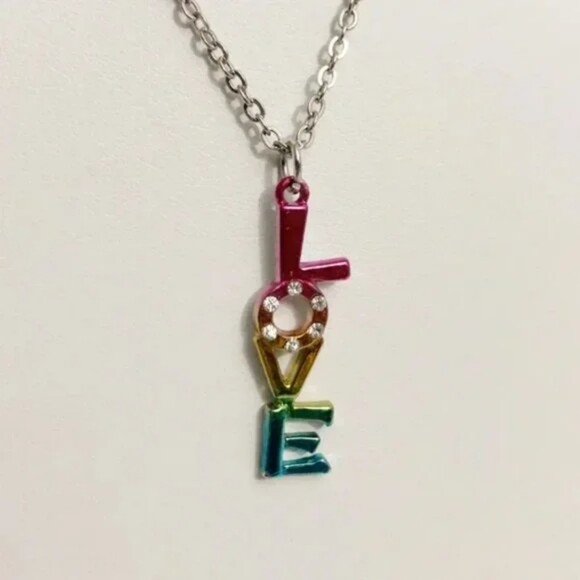 Rainbow Love Rhinestone Pendant Necklace Silver Tone - Picture 1 of 7